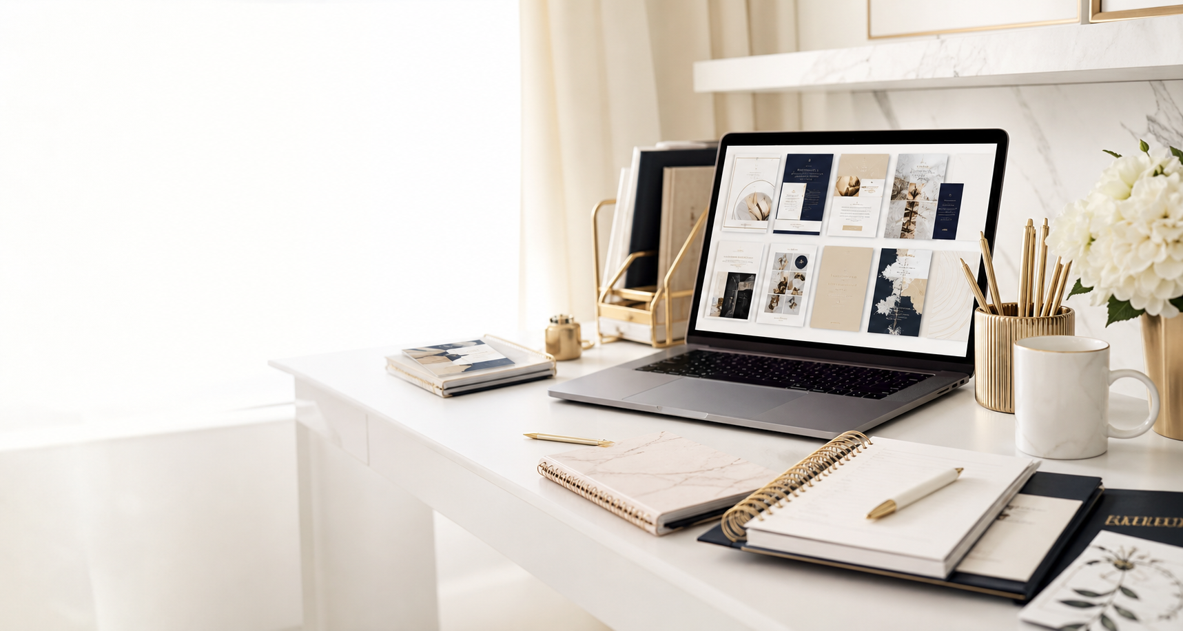 Business blueprint workspace with Pinterest planning materials
